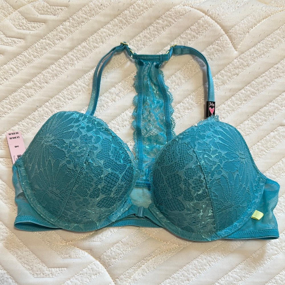 Blue push-up bra with adjustable straps and textured fabric